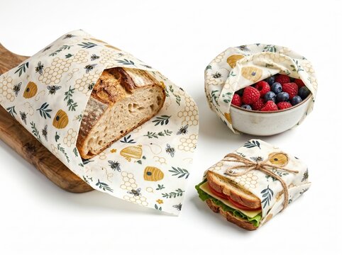 Reusable Beeswax Food Wraps with Honeycomb Pattern Covering Bread Berries and Sandwich.