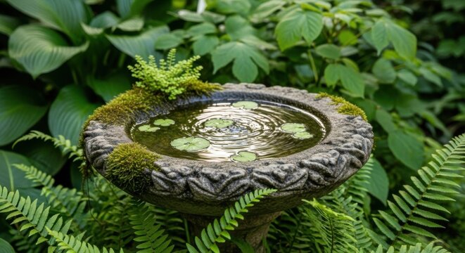A stone bird bath filled with water in a lush garden