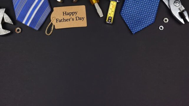 Happy Fathers Day gift tag with top border of tools and ties on a black background. Stop motion loopable video.