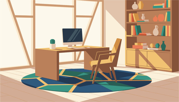 Cozy home office workspace with wooden desk, computer, and chair near bookshelf