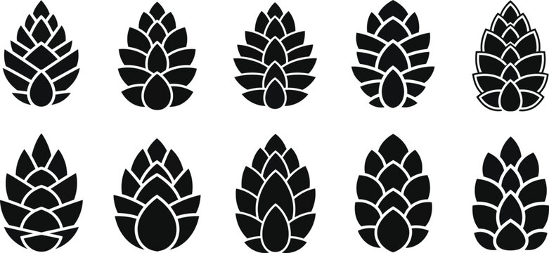 Hop cone silhouettes collection brewing ingredient icons isolated on white