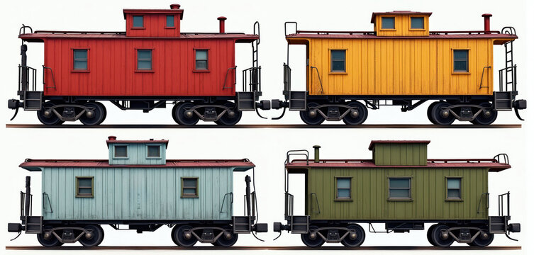 Four antique train caboose cars are illustrated in red, yellow, light blue, green colors. These vintage rail vehicles sit on separate tracks, showcasing classic railway design, transport history.