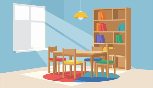 Colorful children's classroom set with bookshelf and tables under a sunny sky