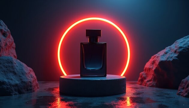 Dark luxury perfume bottle on stand with glowing red neon circle. Rocks frame bottle on wet reflective surface. Modern beauty product display, sleek design.