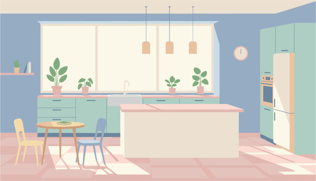 Modern kitchen interior with bar counter and hanging pendant lights