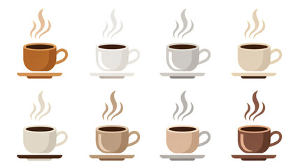 Obraz premium Set of six coffee cups with different drinks and pastries on a table Vector