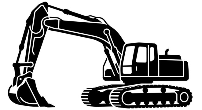 Detailed outline of an excavator vector image showing the arm bucket and tracks of a heavy construction vehicle used for digging and moving.
