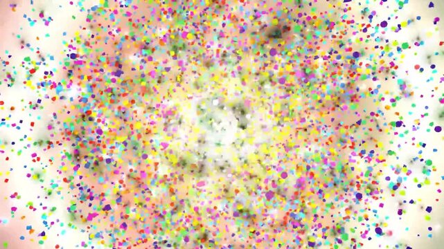 Colorful confetti falling in a swirl pattern on a pink and yellow background.