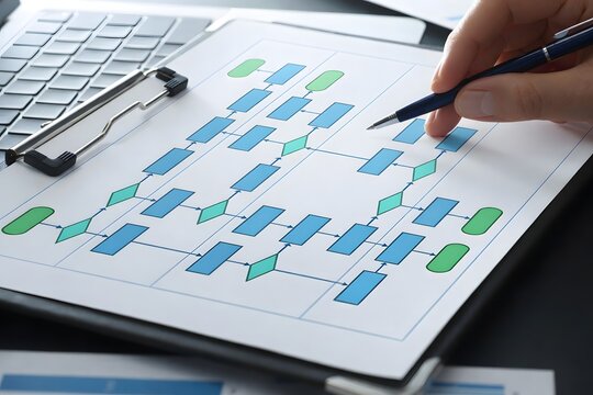 Workflow analysis and optimization. Business automation and system management with process improvement. Businessman drawing flowchart and analyzing processes.