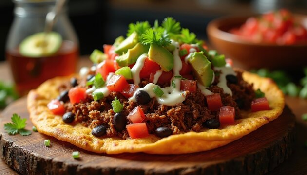 Crispy tlayuda topped with ground meat, black beans, tomatoes, avocado, green onions. Drizzled with creamy sauce, fresh cilantro. Traditional Oaxacan street food delight, perfect for culinary
