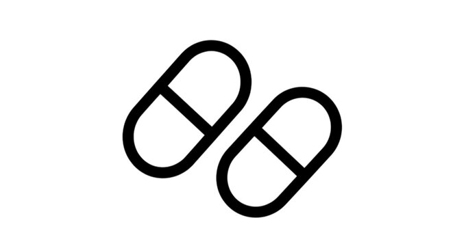Simple black and white vector image of two medical capsules or pills representing pharmacy healthcare medication and pharmaceutical treatment options for patients
