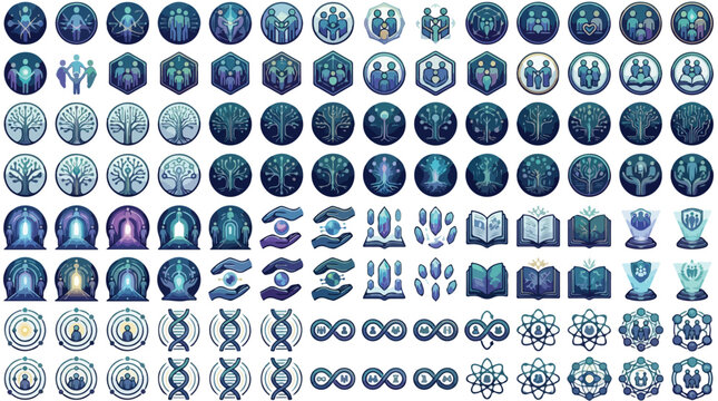 Futuristic sci-fi game icons set, 98 blue glowing fantasy skill symbols, mystical magic ability buttons for ui design, cosmic energy and tech badges