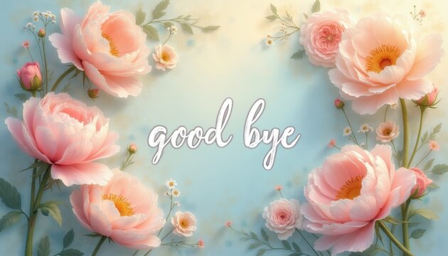 Soft pastel pink peonies and roses with green leaves on a light blue background. Gentle floral design with good bye text is perfect for farewell cards or end of event messages.