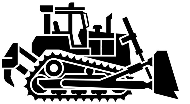 Strong white outline vector image of a bulldozer heavy equipment machine on tracks designed for earthmoving and site clearing in construction and mining