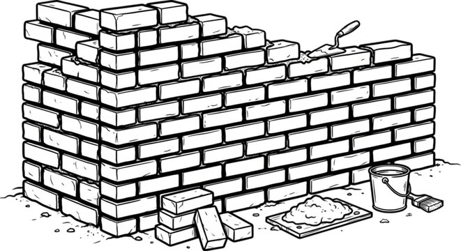 Hand drawn style vector image of a brick wall under construction featuring a trowel and bucket of mortar representing building and masonry work
