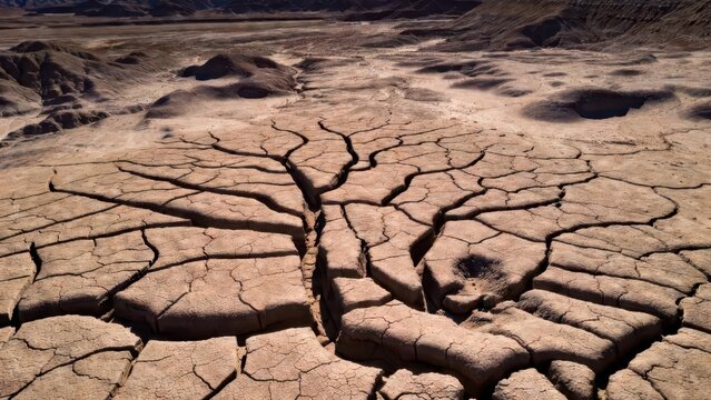 Cracked dry earth in a desolate desert landscape with eroded hills in the background
