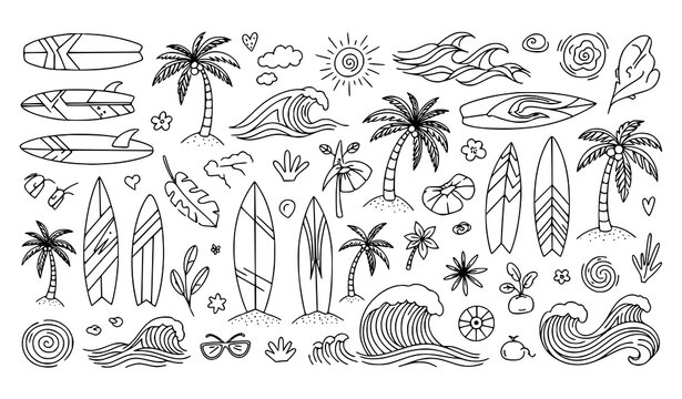 Naive tropical beach doodle vector set with surfboards palm trees waves and sun illustration