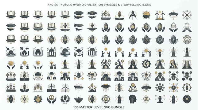 Ancient Future Hybrid Civilization Symbols and Storytelling Icons, 100 Master Level SVG Bundle, Sci-Fi Mystical Sacred Geometry Vector Set