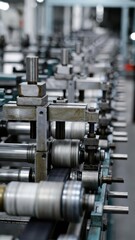 Naklejka premium Industrial metal rolling machine with multiple rollers in a factory setting, close-up