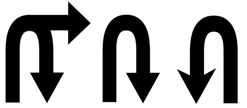 Set of U-turn arrow icons in different directions isolated on white background