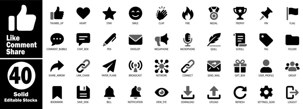 Vector set of solid icons for social media engagement: likes, comments, shares, and communication on a transparent background, fully editable.