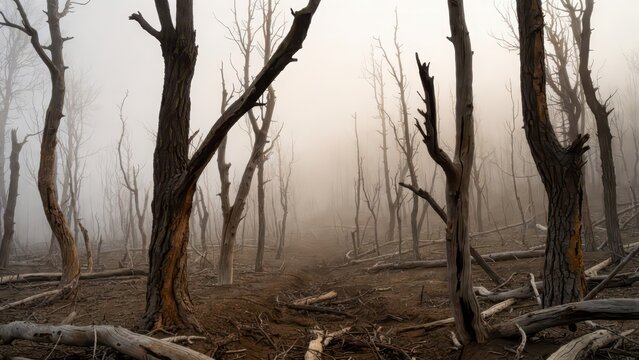 Eerie misty forest of dead, bare trees and fallen logs, desolate and haunting