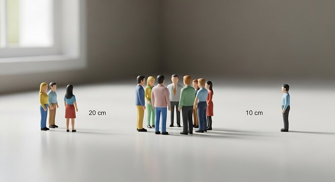 Wooden figures are exchanging ideas in an office context with speech bubbles above their heads in a minimalistic scene