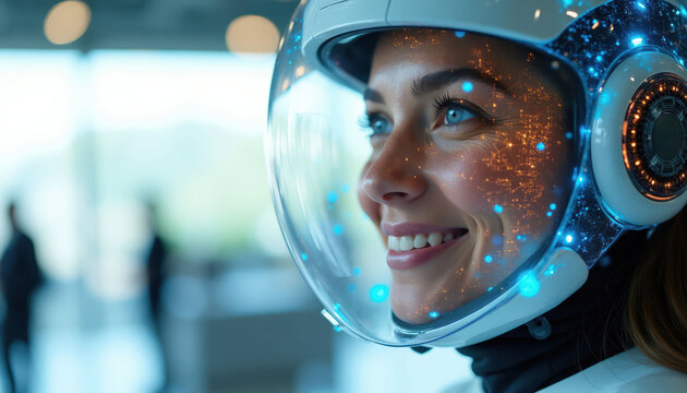 Woman wears futuristic helmet with glowing circuits. She smiles, representing AI and advanced tech support. Concept of cybernetic communication and future innovation. Positive interaction.