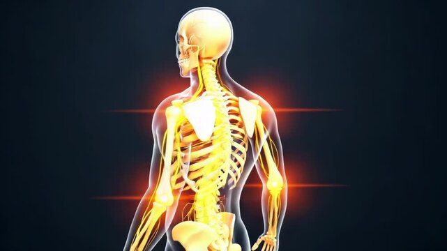 Human skeletal system with highlighted joints and nervous system