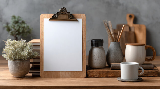 minimalist wooden clipboard with blank paper on rustic desk for planning and productivity concept