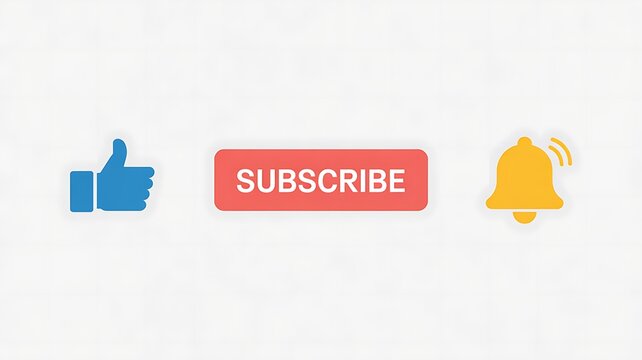 Social media subscribe icons, blue thumbs up, red subscribe button, yellow bell notification