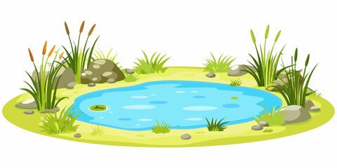 cartoon pond with blue water and green vegetation © Delip