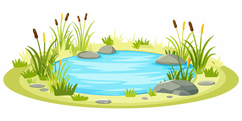 Cartoon pond with blue water and green vegetation © Delip