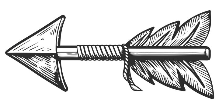 Vintage arrow sketch with feathers black and white illustration