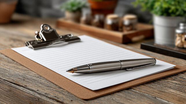 open notebook with pen and paperweight on wooden desk for business planning and writing concept