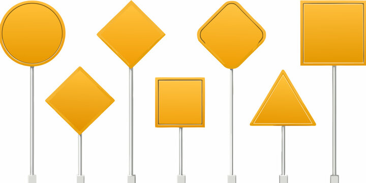 collection of yellow traffic signs with metal poles isolated on white