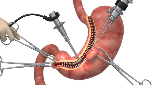 Laparoscopic Sleeve Gastrectomy Procedure Showing Gastric Stapling With Surgical Instruments In Operation

