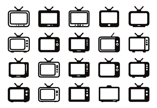Collection of 30 linear television icons, precise strokes, SVG-ready, consistent corner radii, vector illustration.