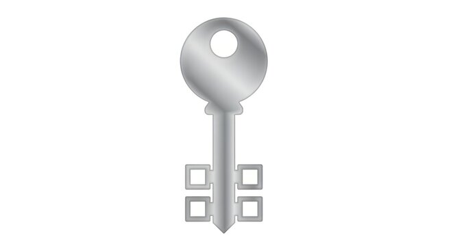 Silver skeleton key on white background.