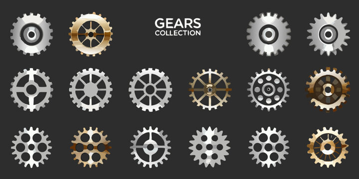 Collection of twelve mechanical gears silver and gold vector illustration