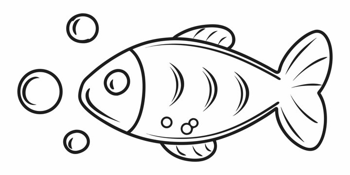Fish outline illustration with bubbles black and white drawing