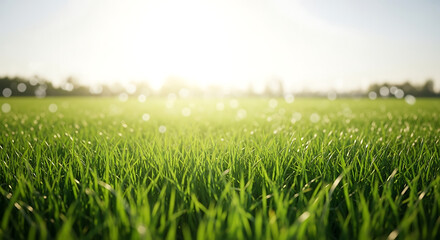 Obraz premium Vibrant green grass field at sunrise with beautiful bokeh lights and warm golden sunlight