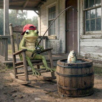A frog wearing a red baseball cap sits in a rocking chair, fishing in a whiskey barrel