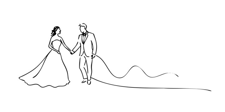 Minimalist line art of a wedding couple, vector