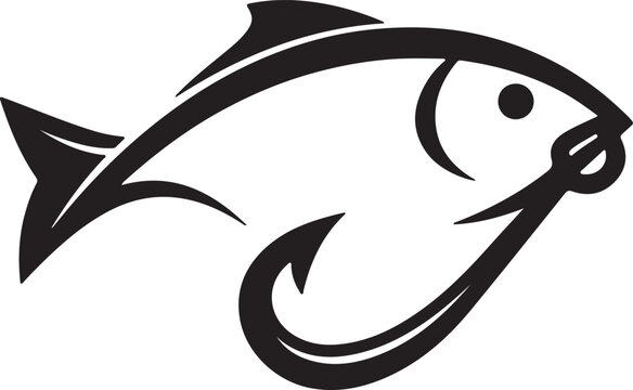 Fish silhouette with hook black and white graphic design on a white background