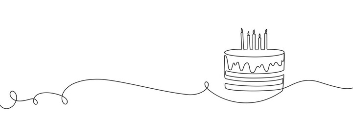 Obraz premium Continuous one line birthday cake drawing happy art outline cream. Happy birthday cake hand vector background simple sketch cheesecake pie red candle dessert illustration style white food doodle tart