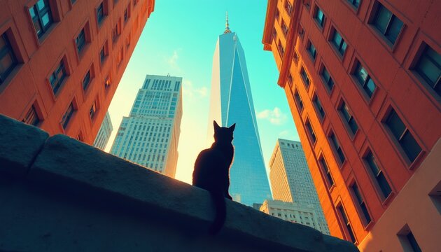 Black cat silhouette sits on ledge against blue sky and tall modern skyscrapers. Cityscape architecture viewed from below with orange brick buildings framing the scene.