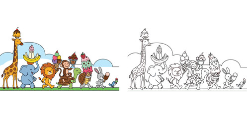 Fototapeta premium Cute Animals Carrying Desserts in a Parade - Whimsical Food and Wildlife Illustration