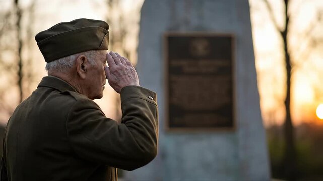 Elderly veteran in uniform saluting at stone monument during sunset. Memorial day tribute featuring an old man paying respect at a historical military memorial site.