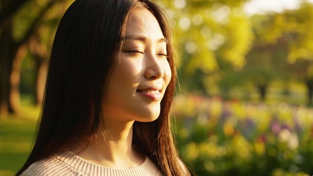 Smiling Young Asian Woman in Sunny Park, Enjoying Nature and Fresh Air